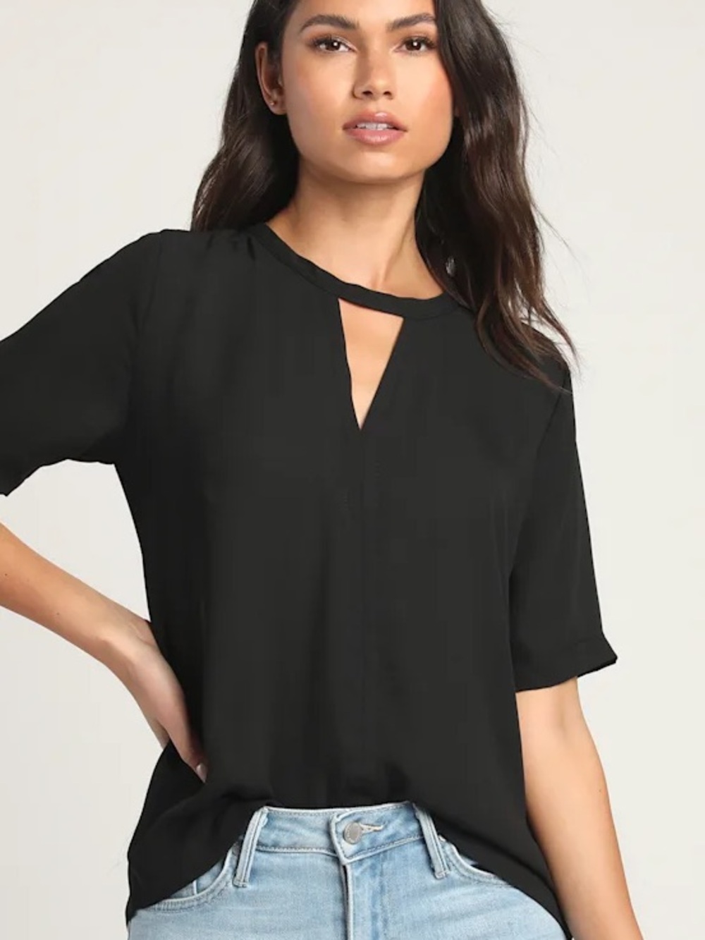 Lulus Black Keyhole Short Sleeve Chiffon Blouse Office Work Classic Casual Top M